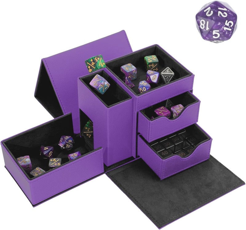 Stepane Dice Tray & Dice Tower Storage Box, 3 in 1 Dice Holder Case (Dice Rolling Tray, Dice Rolling Tower, Dice Storage Drawers), Leather Magnetic Closure DND Accessories Gifts for RPG MTG, Violet/Black - Image 1